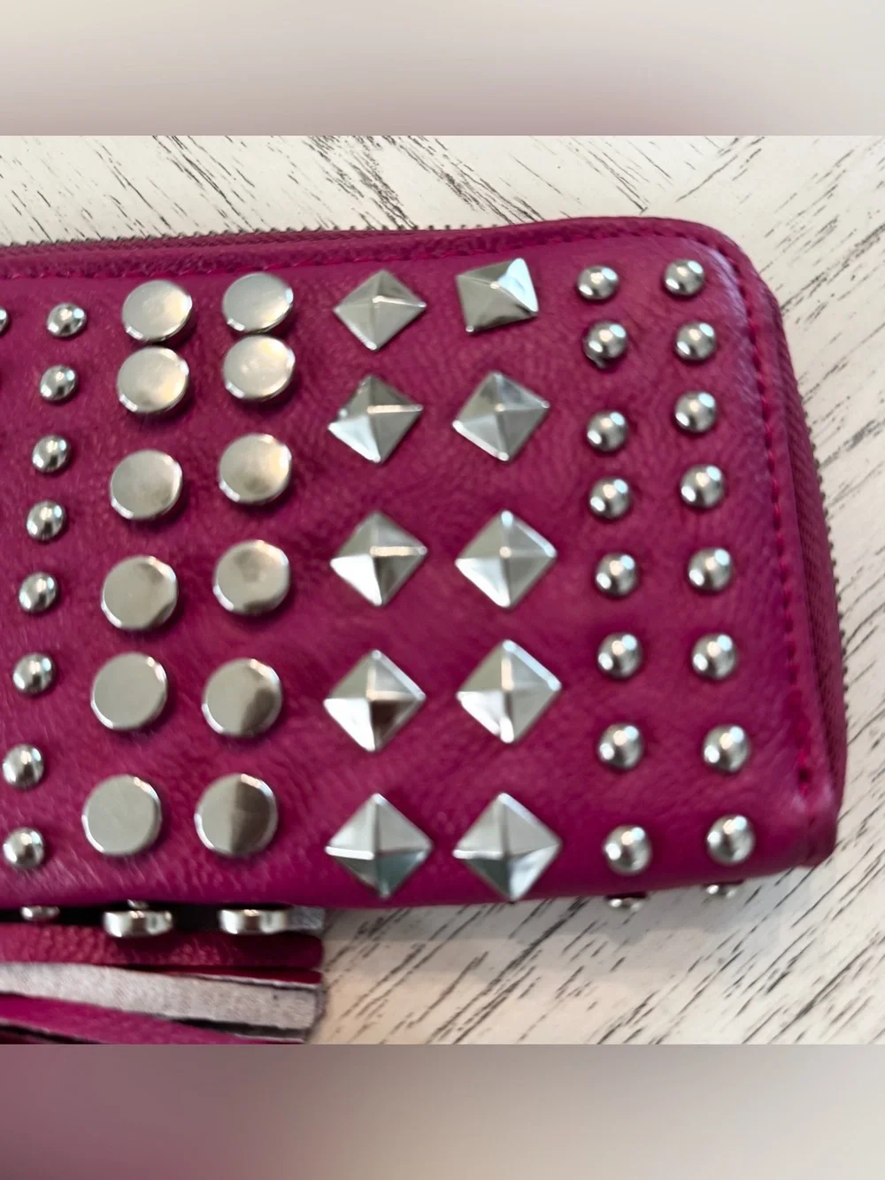 Fuchsia Pink Studded Zip Around Wallet Silver Hardware Tassel Y2K